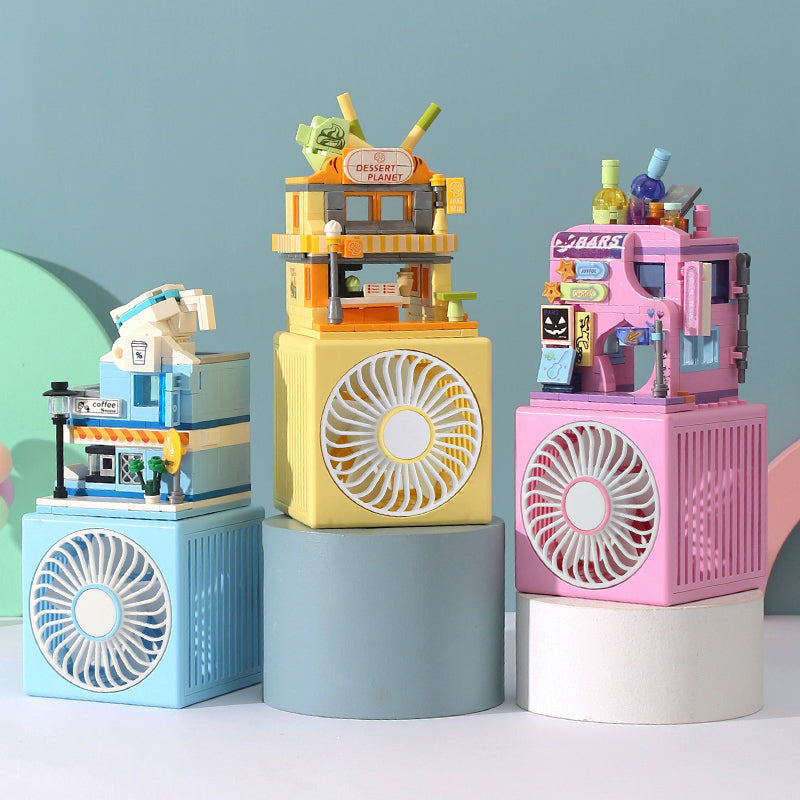 บล็อกตัวต่อพัดลมขนาดเล็กสำหรับเด็กทำด้วยมือของขวัญวันเกิด DIY เด็กหญิงและเด็กชายนักเรียนชั้นประถมศึกษาของที่ระลึกสำหรับทั้งชั้นสีชมพูพัดลมแบบชาร์จไฟได้บล็อกตัวต่อ DIY