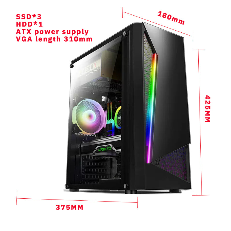 EVESKY 凌光台式电脑机箱 透明侧光条 游戏水冷ATX大板背线 黑色机箱 批发