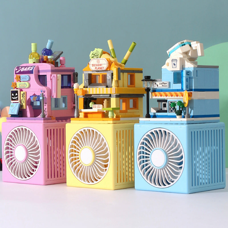 บล็อกตัวต่อพัดลมขนาดเล็กสำหรับเด็กทำด้วยมือของขวัญวันเกิด DIY เด็กหญิงและเด็กชายนักเรียนชั้นประถมศึกษาของที่ระลึกสำหรับทั้งชั้นสีชมพูพัดลมแบบชาร์จไฟได้บล็อกตัวต่อ DIY