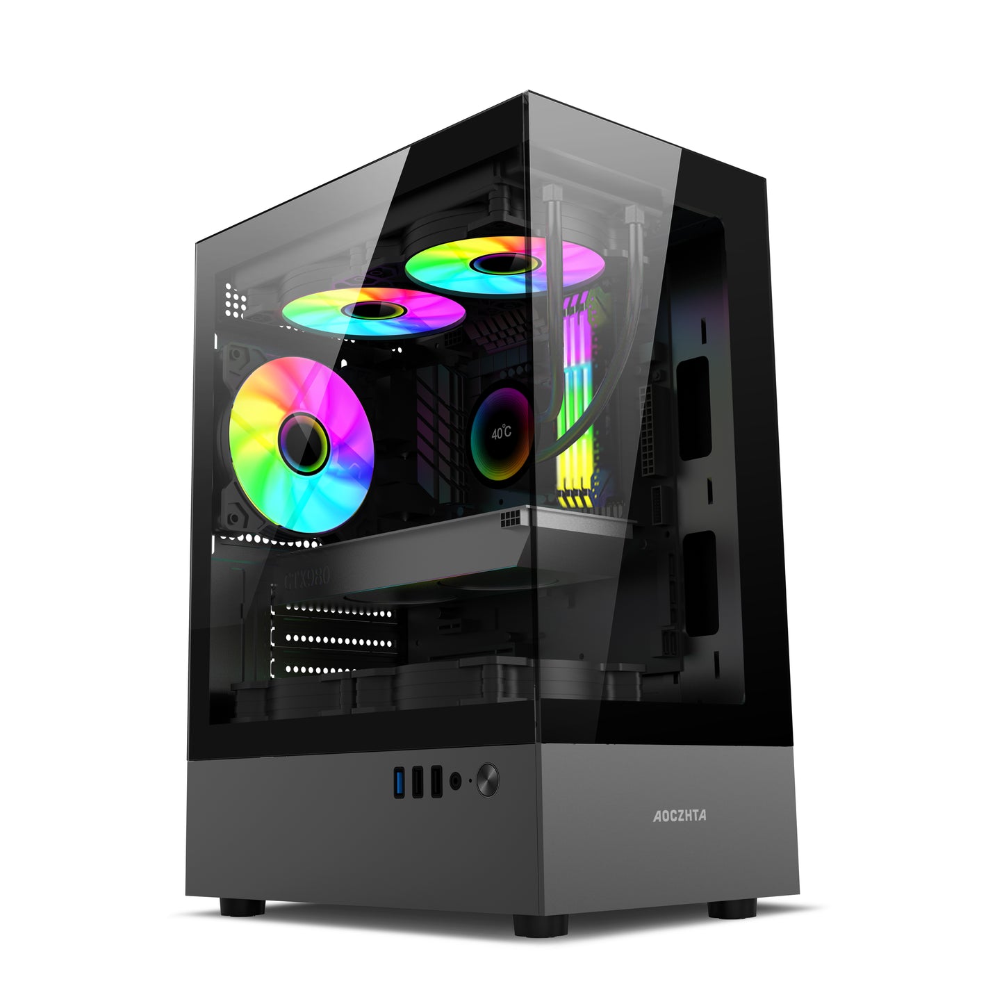 AOCZHTA 阳光房 MATX海景房电脑机箱 无立柱全景侧透 支持240水冷 USB3.0 支持305mm显卡 DIY电竞游戏机箱 黑色