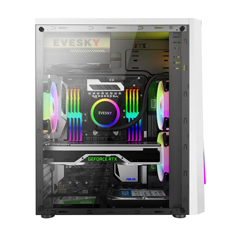 EVESKY 凌光台式电脑机箱 透明侧光条 游戏水冷ATX大板背线 黑色机箱 批发