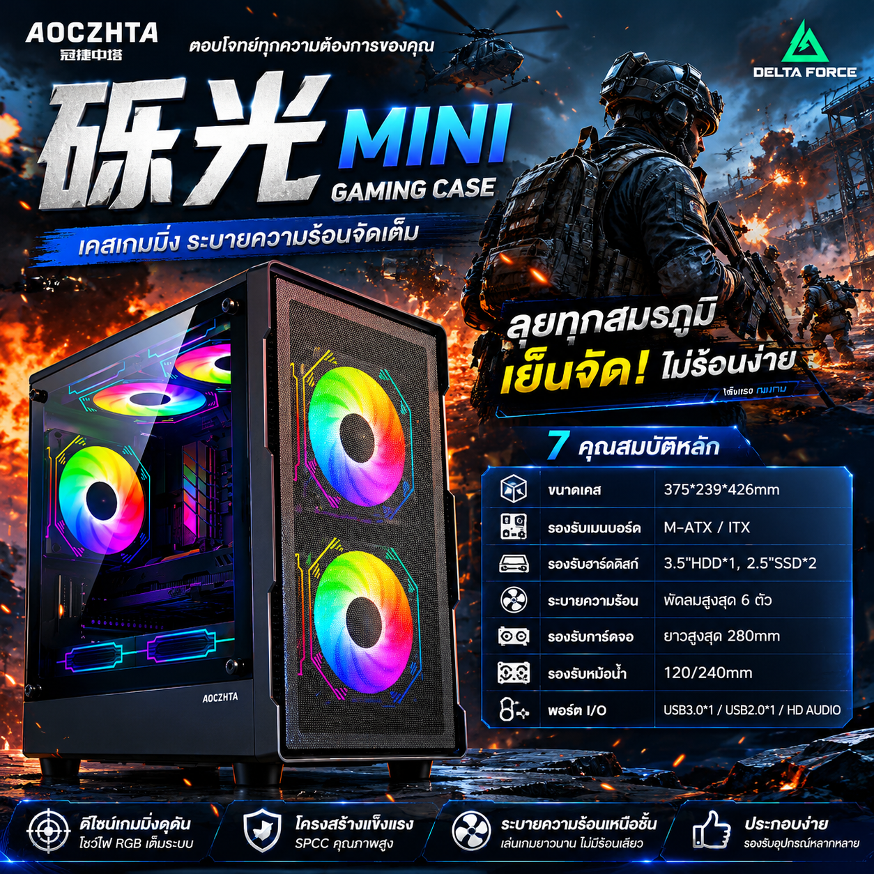 AOCZHTA 砾光 MATX电竞电脑机箱 铁网散热侧透机箱 支持M-ATX/ITX主板 USB3.0 支持280mm显卡 DIY游戏机箱 黑色