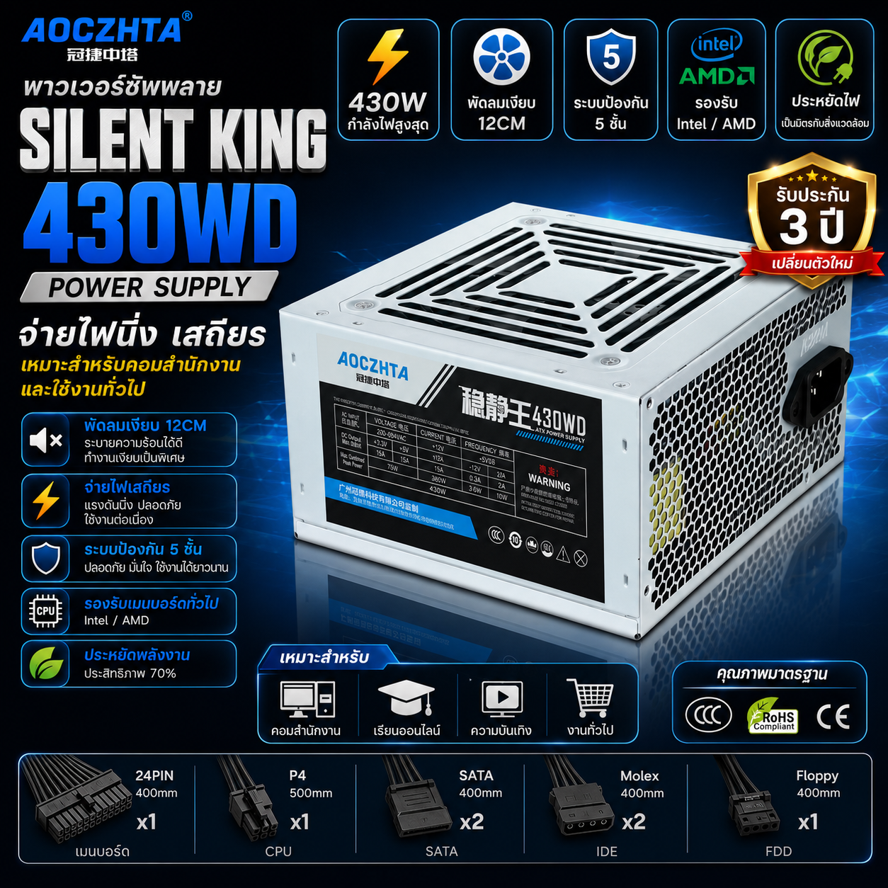 AOCZHTA 稳静王430WD 台式电脑电源 430W额定峰值功率 ATX电源 12CM静音风扇 支持Intel/AMD 办公家用电脑电源