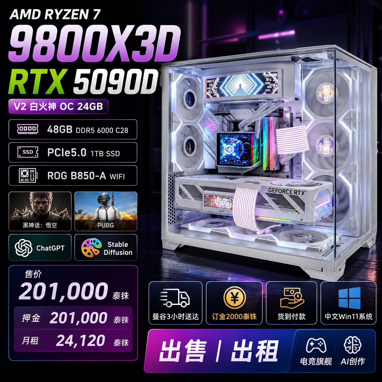 AMD Ryzen 7 9800X3D RTX 5090D 24GB 白色海景房旗舰电脑｜48GB DDR5｜PCIe5.0 SSD｜泰国高端电竞AI工作站