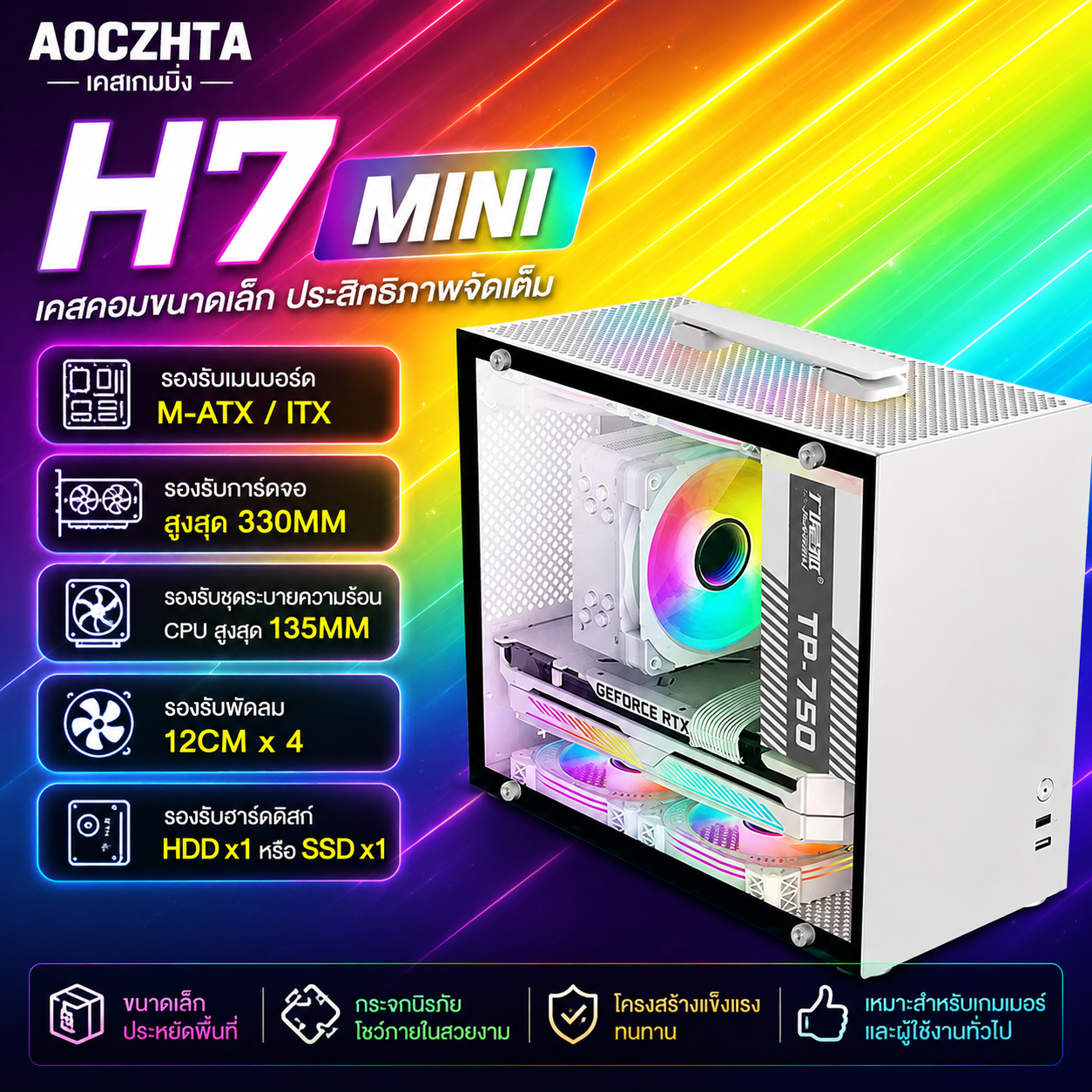 H7 MINI 海景房电脑机箱｜便携提手设计｜MATX / ITX｜支持330mm显卡｜白色电竞机箱｜高风道散热
