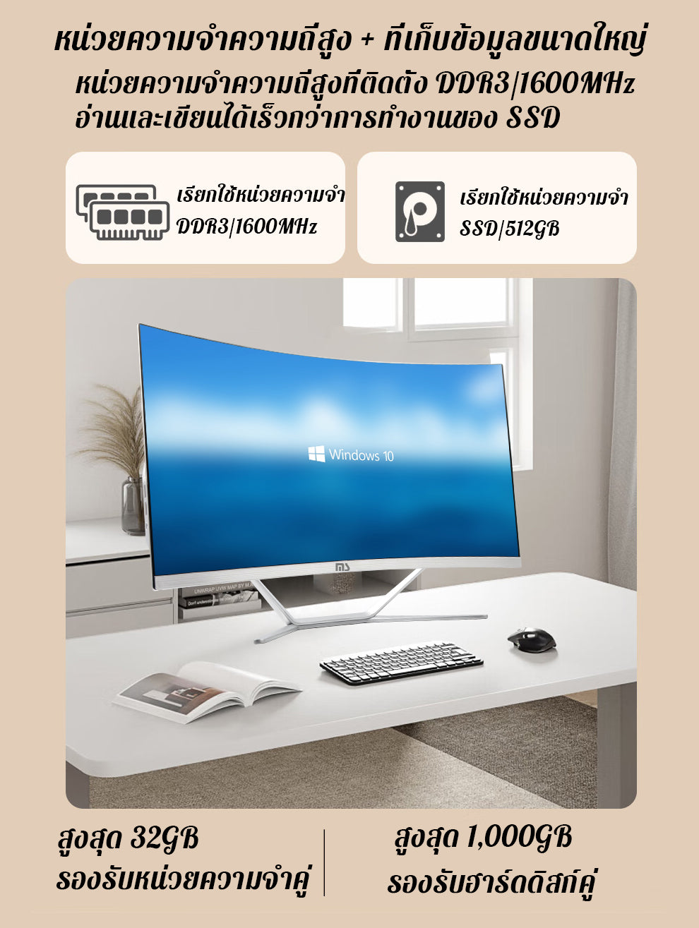 จอโค้ง 24 นิ้ว i7 3770S RAM 16GB M.2 SSD 512GB คอมพิวเตอร์ออลอินวันที่ห้องประชุมสำนักงาน 