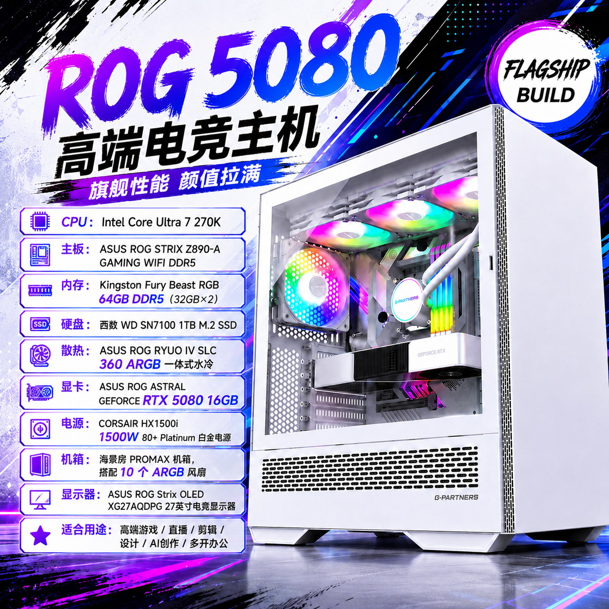 ROG高端全家桶｜RTX 5080 16GB｜64GB DDR5｜360水冷｜1500W白金电源｜10个ARGB风扇｜OLED电竞显示器｜游戏直播剪辑设计通吃