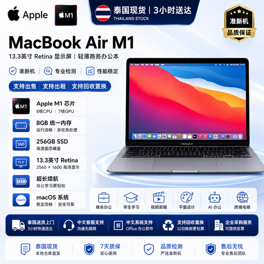 泰国二手苹果笔记本MacBook Apple MacBook Air M1 8GB 256GB SSD 13.3英寸 Retina 笔记本电脑 电池96%