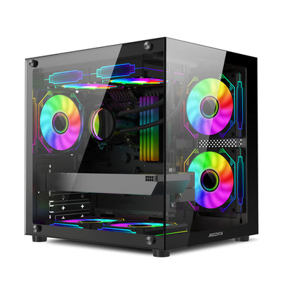 AOCZHTA 海景房S MATX海景房电脑机箱 双面钢化玻璃侧透 支持240水冷 USB3.0 支持320mm显卡 DIY电竞游戏机箱 黑色